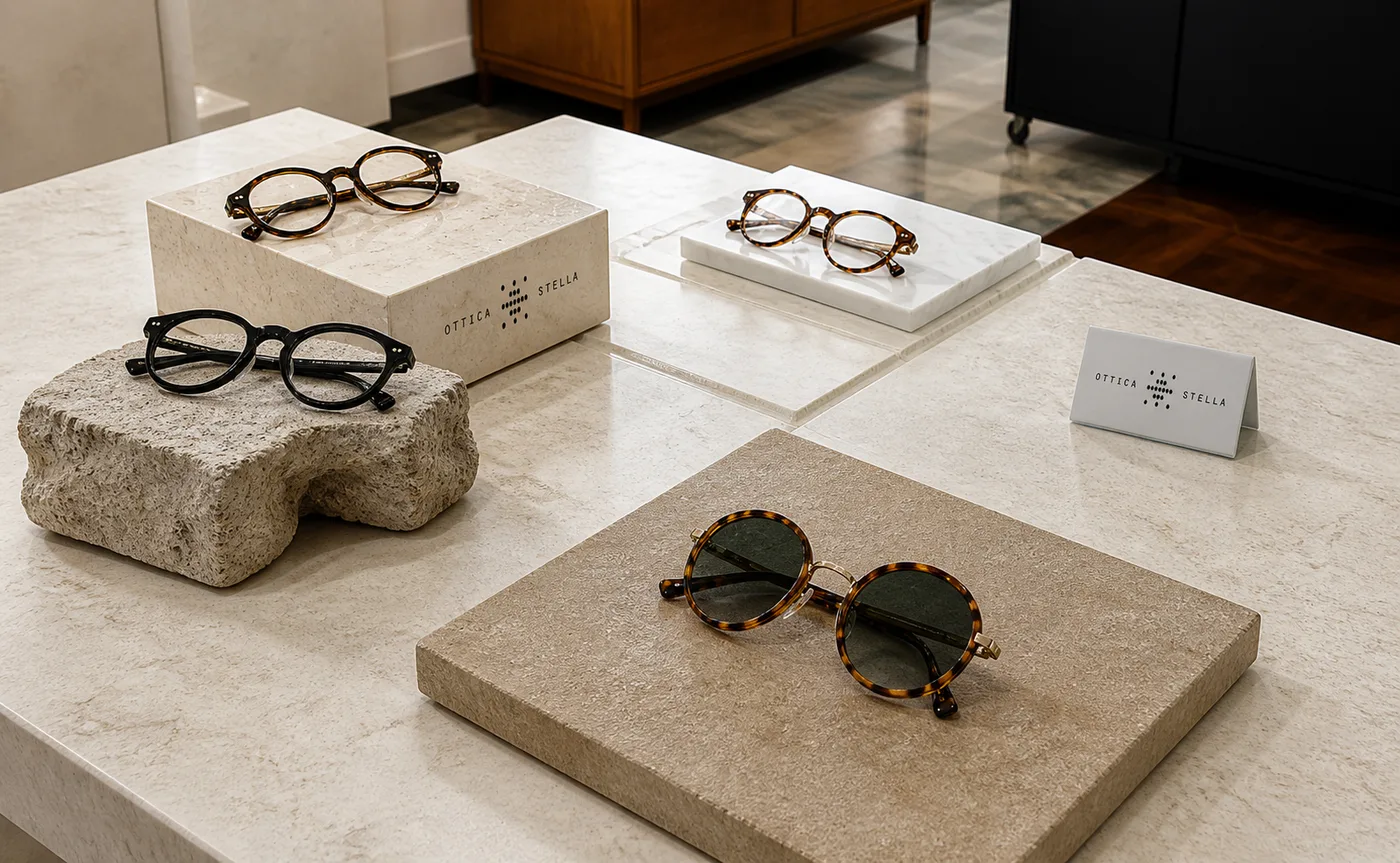 Selezione di montature Ottica Stella esposte su piano in marmo